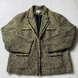 Conrad C Womens Yellow Black Long Sleeve Fringe Trim Modern Tweed Jacket Size 18